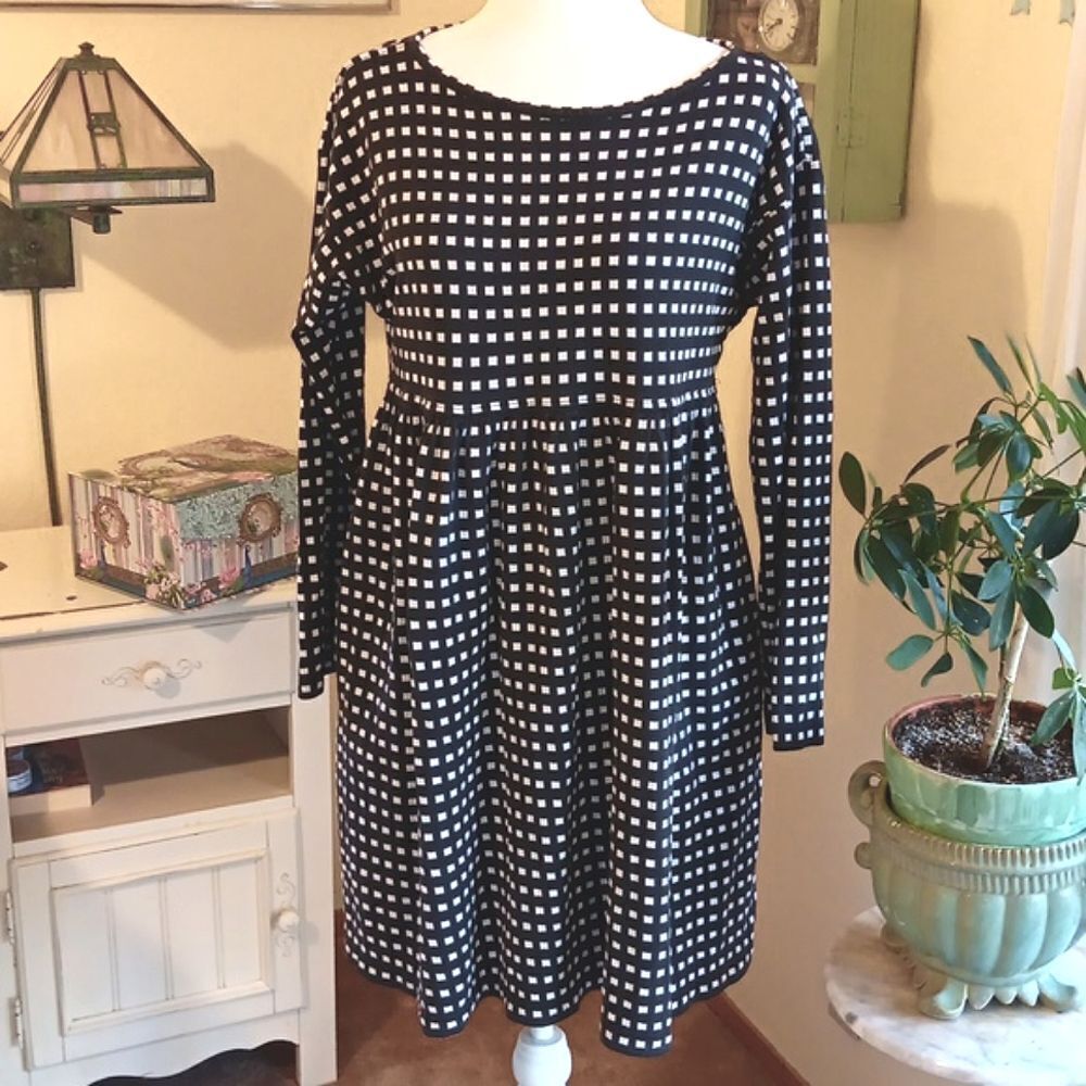 Joan Vass. USA  Windowpane Knit Dress. Empire Waist, Soft Knit,  Schoolgirlcore
